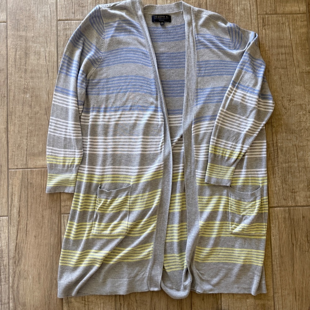Joseph A. Woman Plus Size 3X Grey Striped Open Front Longline Cardigan Pockets